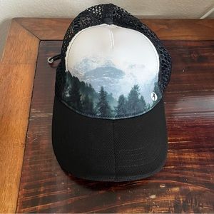 Oiselle runner trucker hat foggy woods
